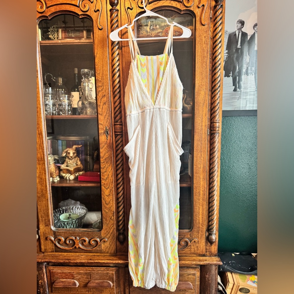 Free People Movement Morning Rise Jumpsuit Ivory Orange Lime Ribbed Excellent XS